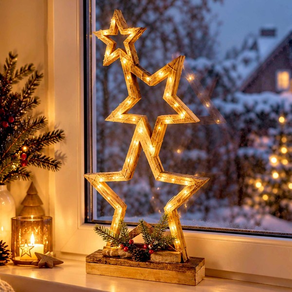 LED Holz Weihnachts Stern Mit Timer - 52 Cm - Advent Deko Lampe Tisch Aufsteller-image