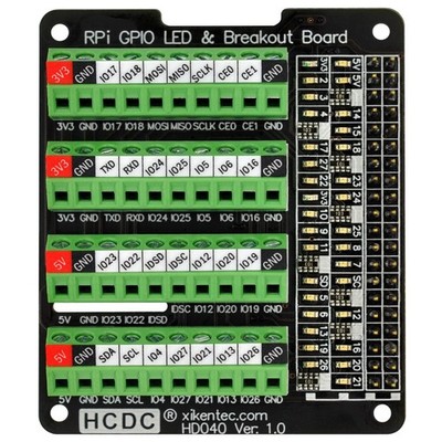 HCDC RPi GPIO Status LED & Terminal Block Breakout Board HAT for Raspberry Pi...