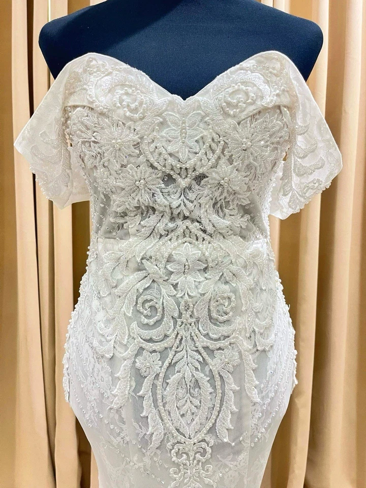 Шикарный с открытыми плечами кружева русалки свадебное платье подходит 29 талии свадебное платье - Изображение 3 из 3