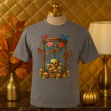 Life & Death Hourglass Skull Butterfly Flowers Graphic T-Shirt Gothic Symbolic 