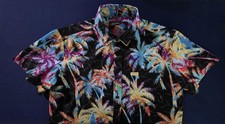 Retro Rifle Shirt Mens Medium Black Neon Palm Tree AKs Vacays Stretch Button Up