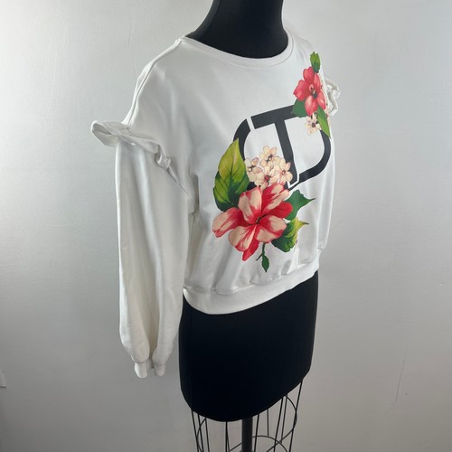 Twinset White Sweatshirt Floral Crew Neck Ruffle Drop Shoulder Pullover Size 14 - Picture 5 of 9