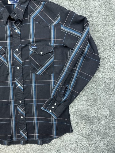 Vintage Wrangler Shirt Mens Medium Black Blue Plaid Pearl Snap Western 90s Rodeo - Picture 2 of 15