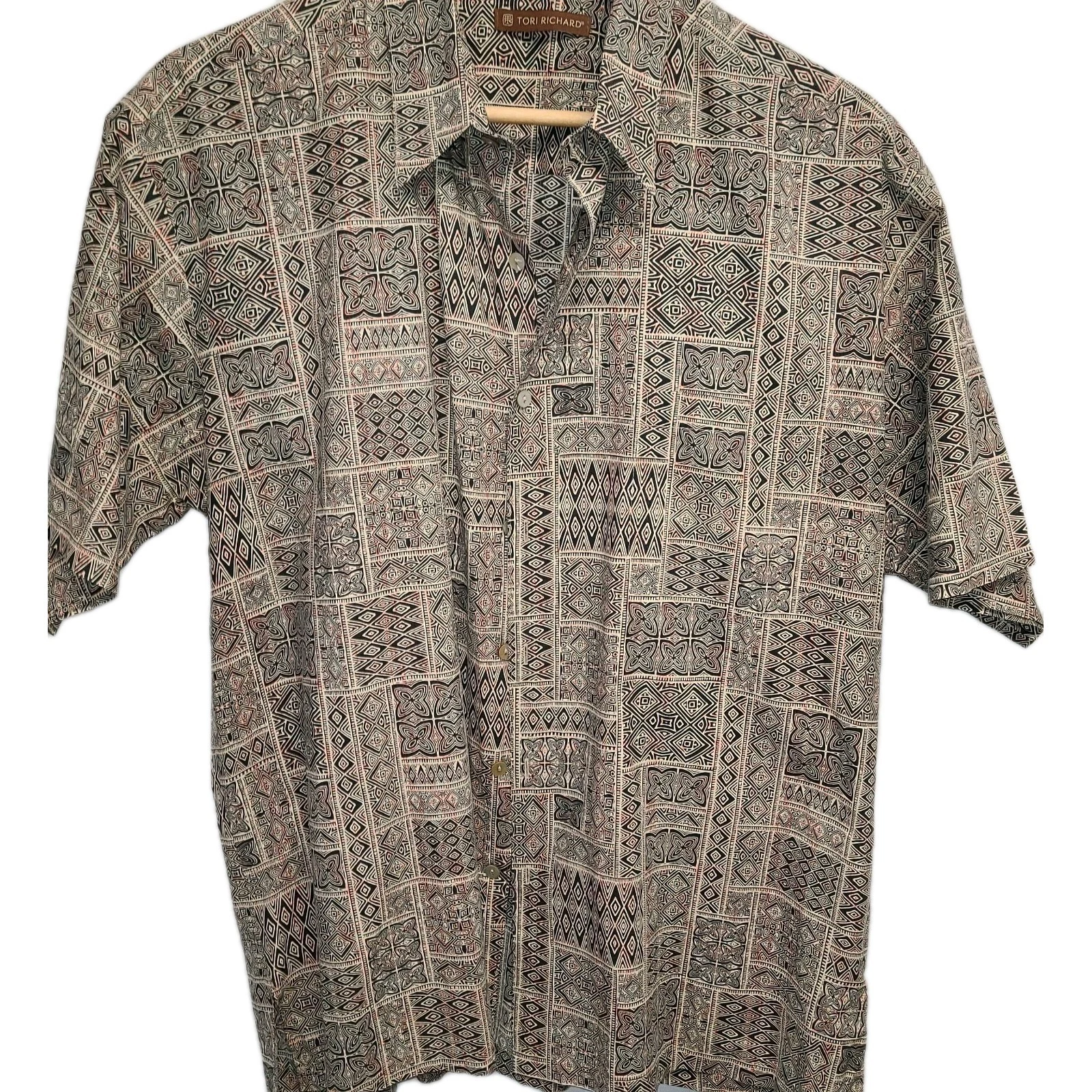Tori Richard Mens Large Brown Geometric Cotton Button Up Shirt Dadcore Resort