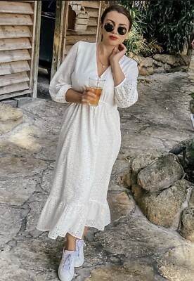 SALE ZARA NWT WOMAN CUTWORK EMBROIDERY WHITE V-NECK MIDI