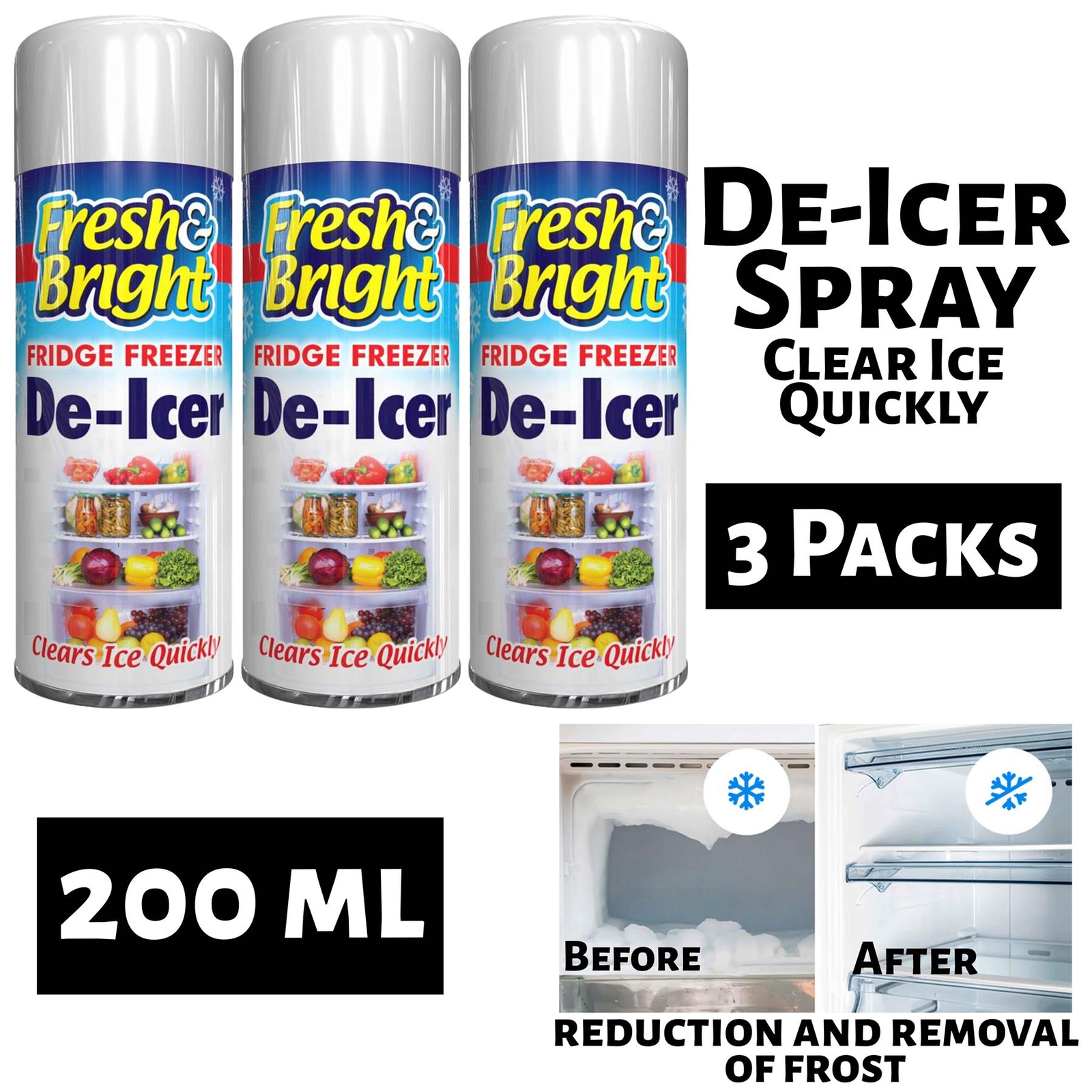 3 x Fridge Freezer De Icer Spray Defrost Ice Quickly Anti Bacterial