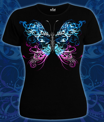 Psychedelic Butterfly Women Shirt Glow-in-the-dark and in UV Festival Trance Goa