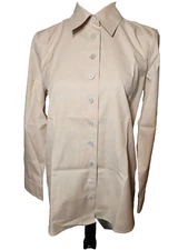 NEW TALBOTS Women Tan Button Up Wrinkle Resistant Cotton Long Sleeve Blouse 6