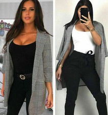 Women Check Hounds Tooth Tartan Duster Coat Ladies 3/4 Sleeve Jacket Blazer 