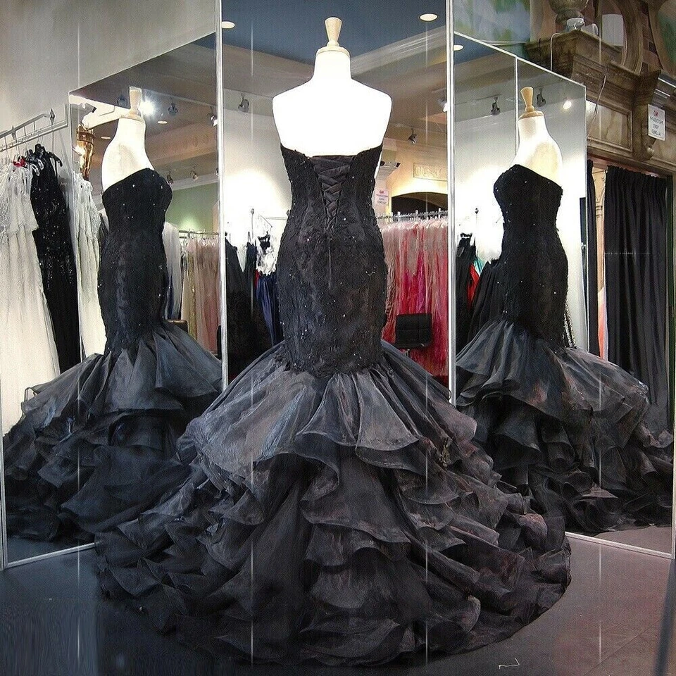 Vestidos de novia góticos negros sirena con volantes sin tirantes corsé vestidos de novia Foto 2 de 4