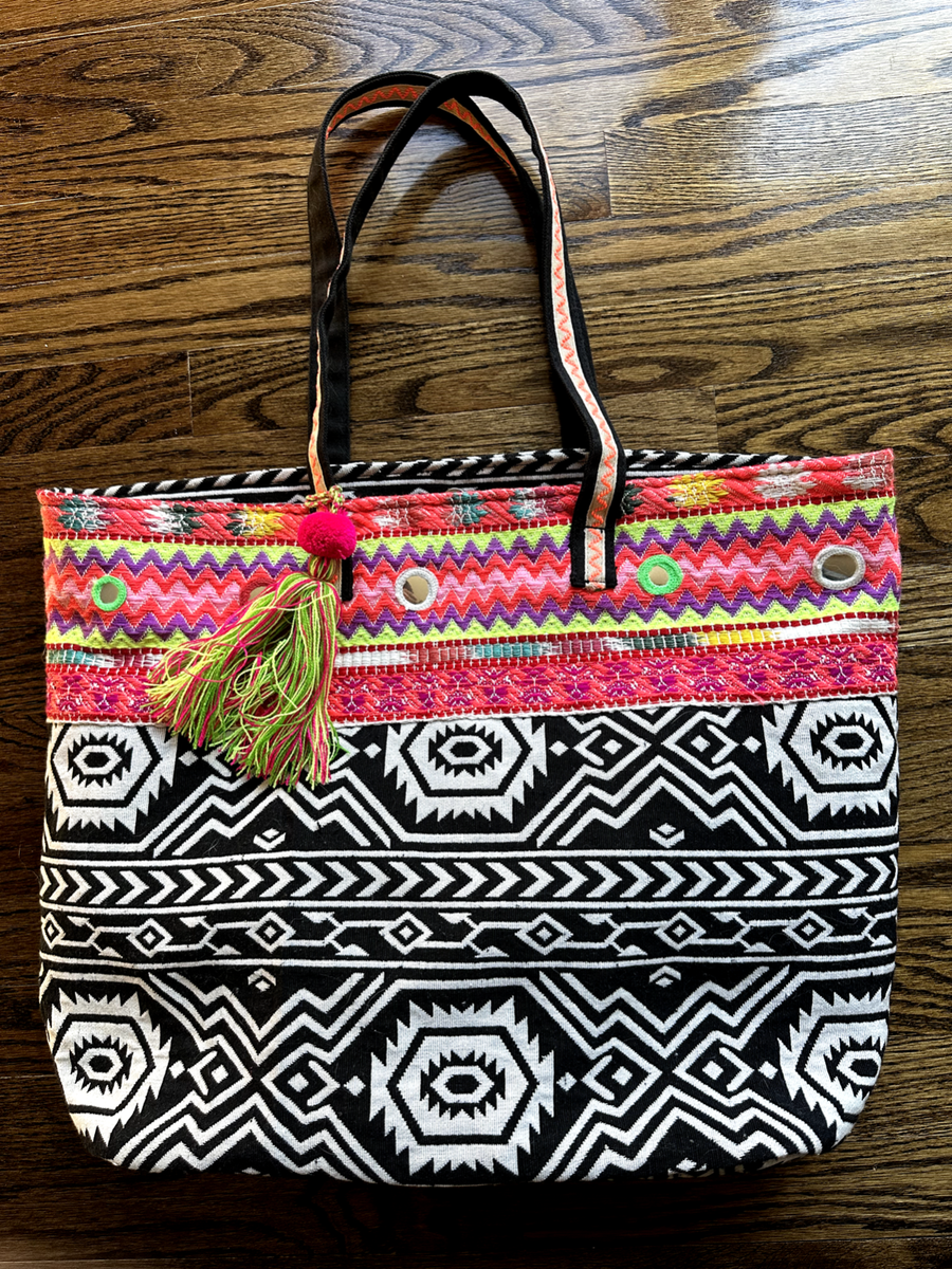 Chic Luxe Bohemian Aztec Style Embroidered Oversize Tote Bag