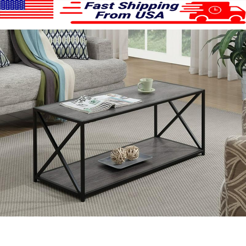 Modern 2-Tier Coffee Table Shelf Weathered Grey 17x42x17" Shelf Display Fun New