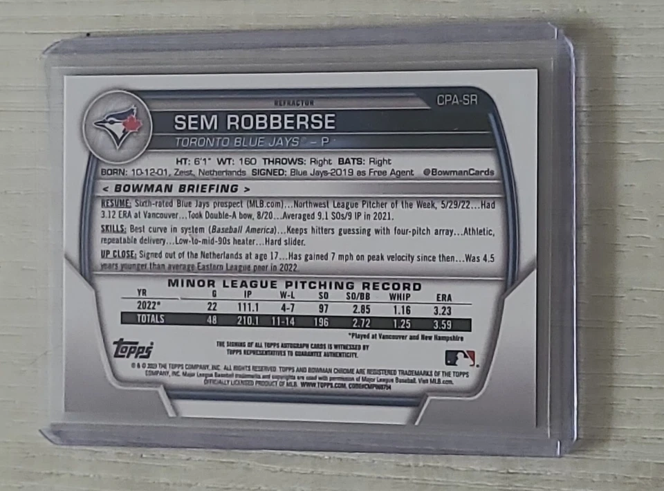 2023 Bowman Chrome Sem Robberse 1st Bowman Refractor Auto CPA-SR Blue Jays /499 - Image 2 of 2