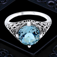 DECO ANTIQUE STYLE 925 STERLING SILVER 5 Ct SIM AQUAMARINE FILIGREE RING 022