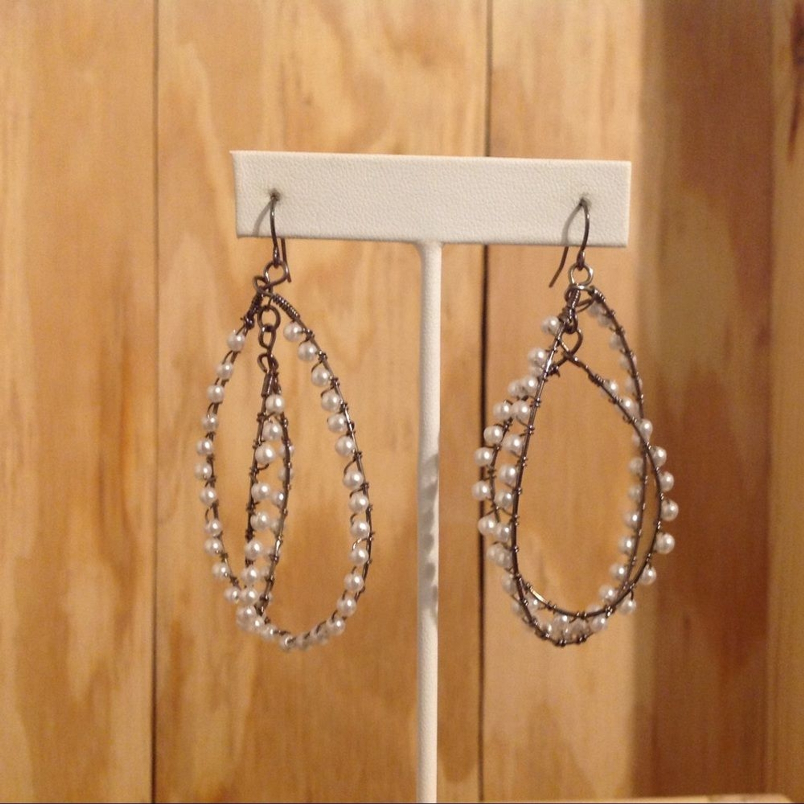 Silver Tone White Beaded Double Loop Earrings 3" - image 1