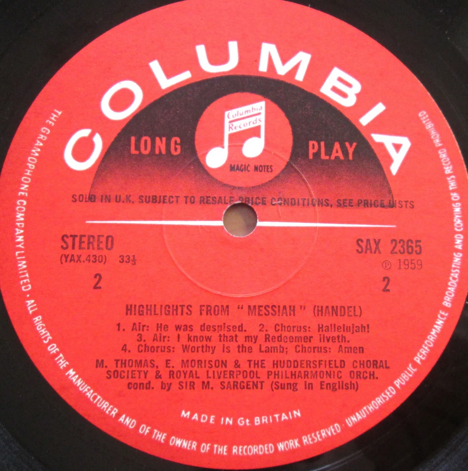 SAX 2365 Handel Messiah Highlights Sir Malcolm Sargent EX Columbia S/C - Image 2 of 4