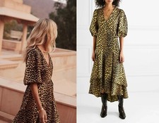 NWT GANNI Bijou Leopard Cotton Wrap Dress in Minion Yellow 34 (US2) $315