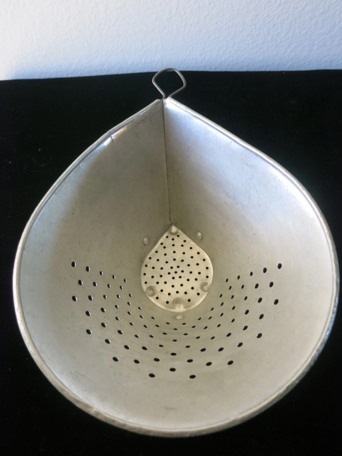 Antique Ovoid Teardrop Metal Colander / Strainer Sieve Hanging Loop Riveted Base