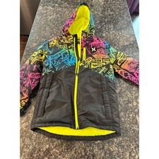 Hurley Boys Hooded Puffer Jacket Neon Graffiti Print Black Yellow Size 14/16 L