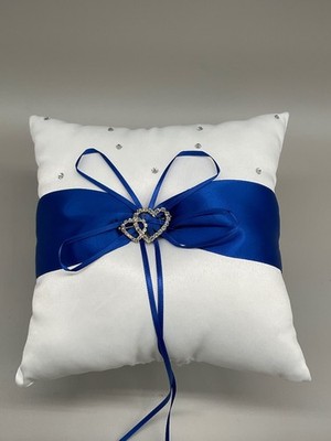 Tyenaza Ring Pillow 7.8 x 7.8 in White Satin Blue Bow Rhinestone Pocket
