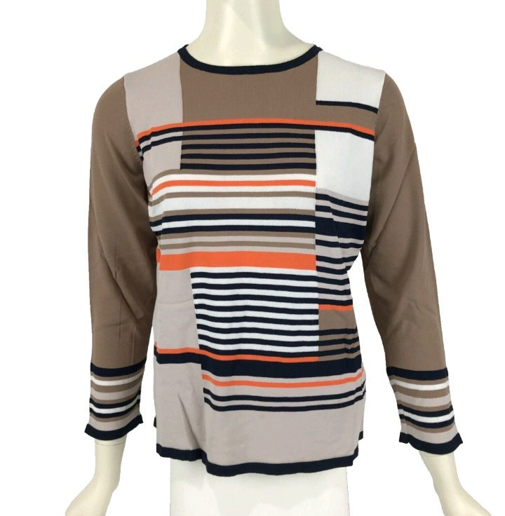W.Lane Sweater Brown Size L 12 14 Black Orange Stripe Fine Knit 3/4 Sleeve