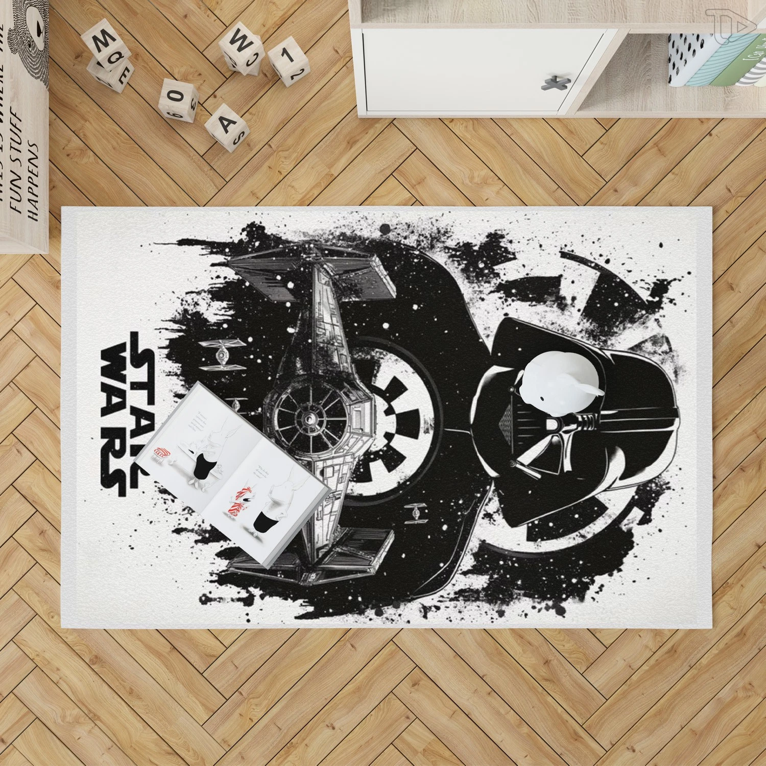 Ink Splatter Dark Lord Rug - Artistic TIE Fighter Silhouette Space Carpet
