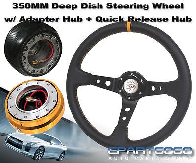 89-05 Eclipse 350mm Deep Dish Bk Steering Wheel+Adapter Hub+Quick Release Gold