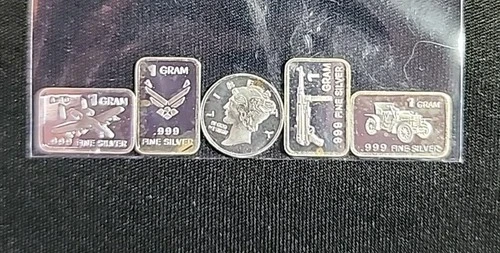 5 x 1 Gram .999 Fine Silver Bars and Round Lot Assorted Designs. Unique & Fun:)