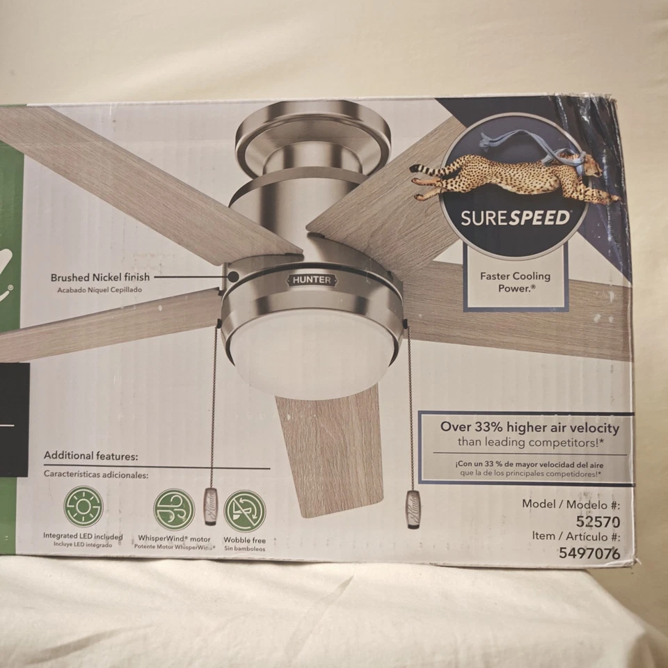 Hunter #52570 Barstow 44" Indoor Ceiling Fan, Brushed Nickel Finish, With LED - Image 2 of 2