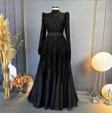 Beaded Satin Muslim Evening Dresses Black Long Sleeve Hijab Party Dresses