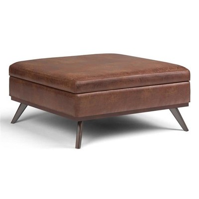 Pemberly Row Mid-Century 40'' Faux Leather Storage Ottoman in Saddle Brown
