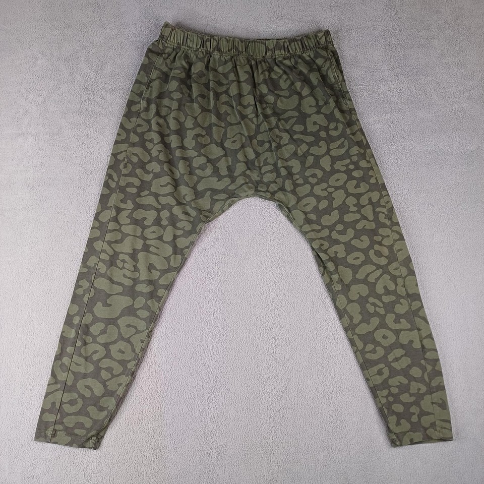 Leoni Pants Womens M Green Animal Print Harem Tapered Elastic Waist Casual