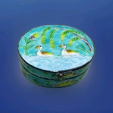 Vintage or Antique Cloisonn&eacute; Silver Enamelled Trinket Box Ducks Flowers