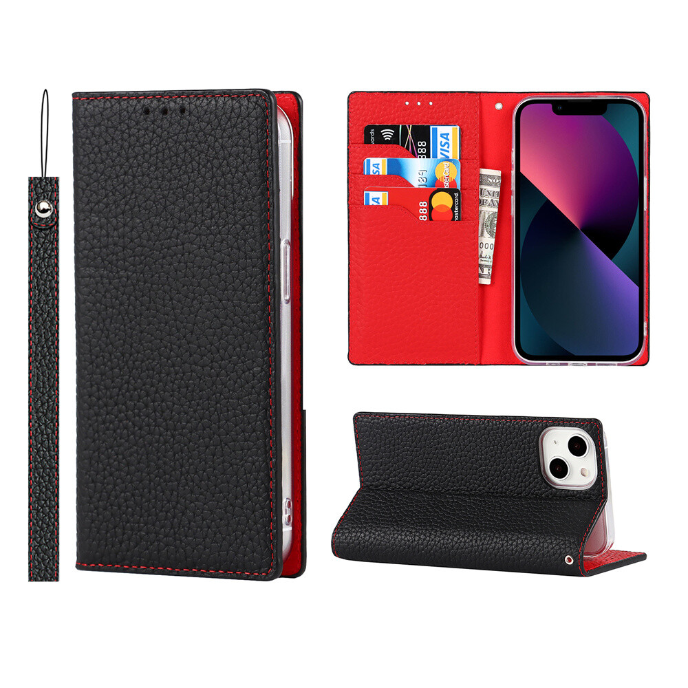 For iPhone Luxury Calf Leather Flip Wallet Case with Stand