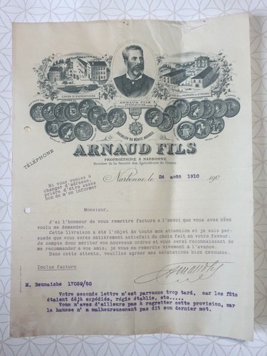 Ancienne Facture Arnaud Fils Carbone Bulletin Vinicole Vins 1910 - Picture 2 of 2