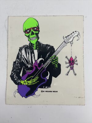 RARE 1991 Vintage Wizard Wear Rocker Skeleton Musical Neon Blacklight Sticker