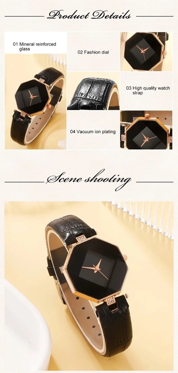 Ensemble Montre Et Parure Femme - 5 Pièces, Cuir Noir, Boîtier Doré, Mouvement Quartz