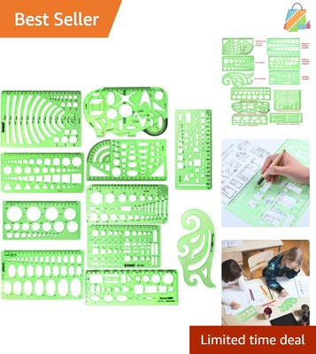 Portable 11-Piece Geometric Drawing Ruler Set - Educational Plastic Templates