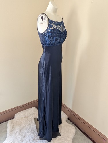 Vintage Whimsigoth Maxi Dress 6 Mesh & Glitter Dark Blue Satin Prom Slip Fairy - Picture 10 of 16