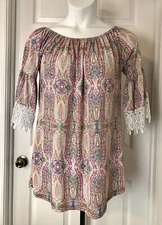 Win Win Half Sleeve Lace Tunic Womens Large XL Preppy Boho Paisley Stretch