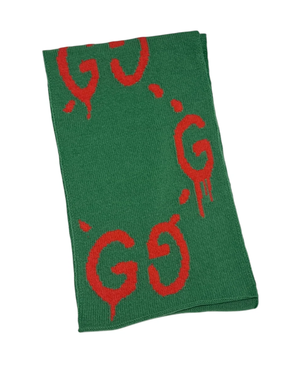 Authentique foulard Gucci Ghost 455941 laine vert rouge matière laine homme femme
