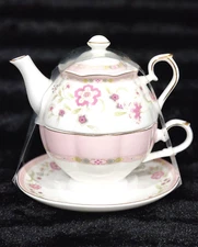 Grace Teaware Pink Cornflowers Tea For One Set Pink Rim 7" Porcelain Gold Trim