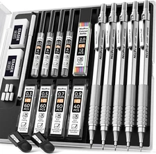Metal Mechanical Pencil Set, 5 PCS Art Drafting Pencils 0.3, 0.5, 0.7, 0.9 Mm &