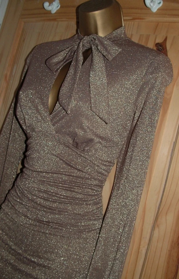 Jane Norman Dorado Brillante Elástico Mini Coño Lazo Navidad Vestido de Fiesta Talla 10 12 Foto 2 de 4