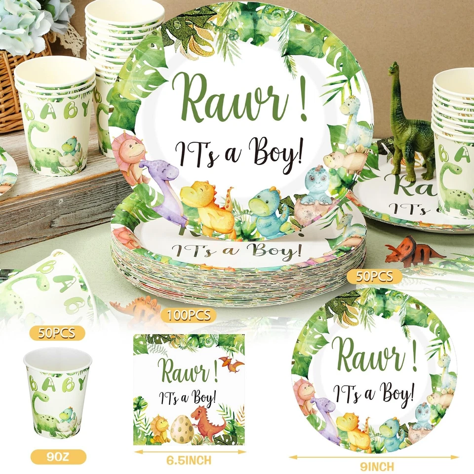 200 Pcs Dinosaur Baby Shower Paper Plates Napkins Cups Baby Shower Party Supp... - Image 3 of 4