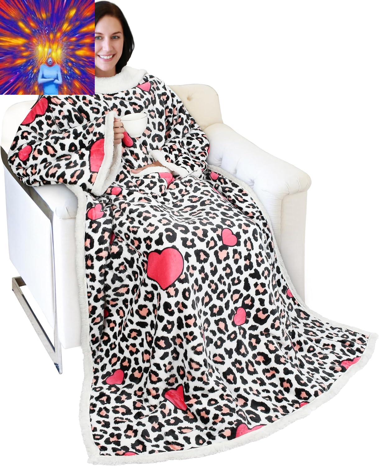 Leopard Sherpa Wearable Blanket with Sleeves Arms, Comfy Sleeved TV Wrap Blanket