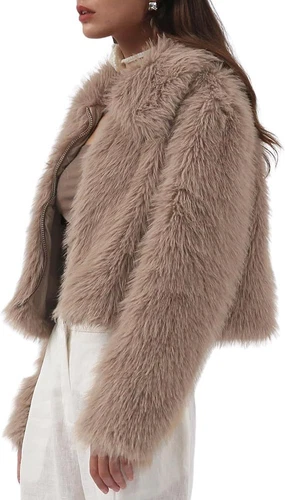 Women' Faux Fur Short Long Sleeve Jacket Zipper Warm Coat Faux Fur - Foto 10 di 28