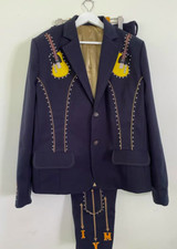 Men Blue 2Pc Bespoke Boot Embroidered Nudie Western cowboy Cocktail Prom Outfit