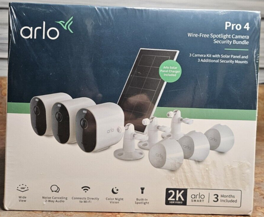 4 Pack Arlo Pro 4 Spotlight Wire-Free Camera Security System 2-Way Audio Bundle 