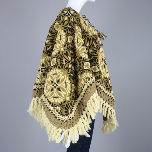 Vintage 1960s Reversible Psychedelic Tapestry Fringe Poncho Shawl Cape 60s 70s - Picture 3 of 8